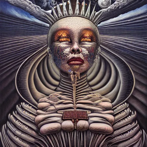 Image similar to THE QUEEN OF THE MOON by jacek yerka, alex gray, zdzisław beksiński, dariusz zawadzki, jeffrey smith and h.r. giger, oil on canvas, 8k highly professionally detailed, trending on artstation