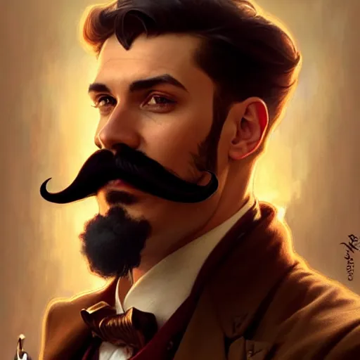 Prompt: a cinematic portrait scene male steampunk gentleman with a big mustache, intricate, elegant, highly detailed, digital painting, artstation, concept art, smooth, sharp focus, illustration, art by artgerm and greg rutkowski and alphonse mucha