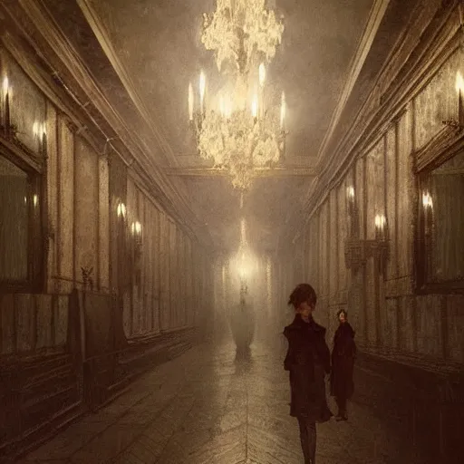 Image similar to a beautiful victorian woman is frightened by her doppleganger in a mirror. she is in a long hallway of mirrors. victorian interior, with many mirrors, elegant design, haunting atmosphere, dimly lit, gothic, horror style, by greg rutkowski, realistic, low angle, 3 / 4 view.