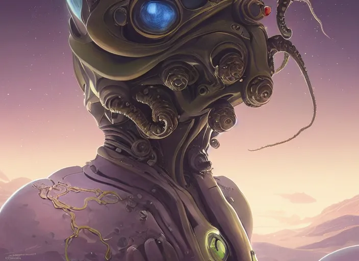 Image similar to cephalopod alien with long powerful tentacles and a single large eye wearing a custom space suit, highly detailed, digital painting, artstation, concept art, matte, sharp focus, illustration, dramatic, galactic plane, hearthstone, art by artgerm and greg rutkowski and alphonse mucha