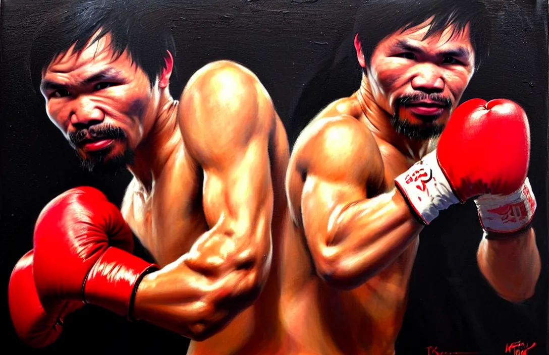 Prompt: portrait of manny pacquiao with red boxing gloves!!!!!!!!!!!!!!!!!!!!!!!!!!!, detailed face, detailed painting, epic lighting, by ilya repin, phil hale and kent williams