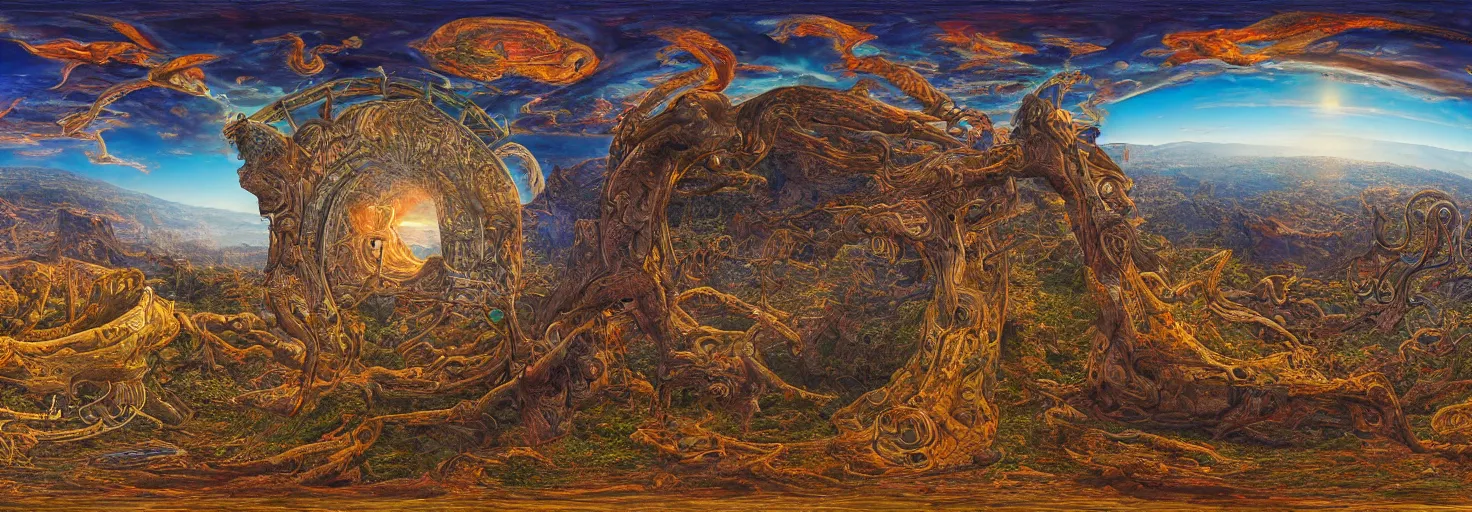 Prompt: a detailed vast mysterious landscape of visionary art and mystical animals at the end of time, painted by robert venosa, 3 6 0, hdri, panorama