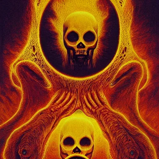 Prompt: symmetrical tarot card, the pikachu skull elder god, Zdzisław Beksiński art, figure silhouetted by burning sun, detailed, intricate, elegant, cgsociety, haunting, luxurious, ominous, matte painting, cinematic, Yoshitaka Amano, horizontally symmetrical, Wayne Barlowe