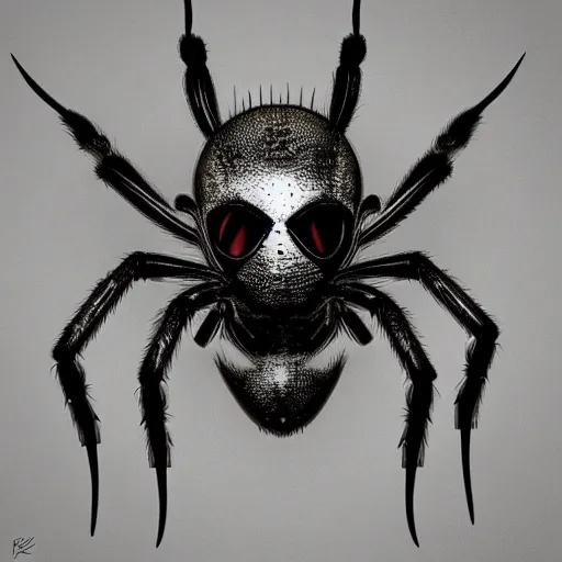 Prompt: spider wearing a viking helmet, by h r giger