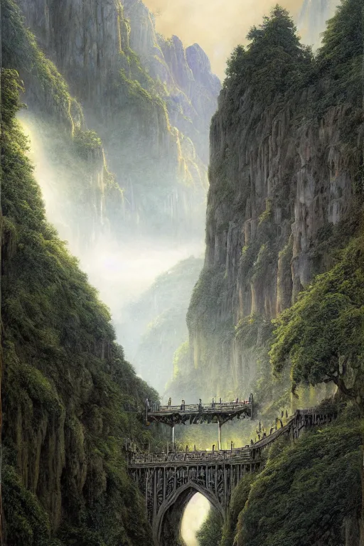 Image similar to beautiful detailed matte painting of Rivendell at the gorge, evening, Alan Lee, Artstation