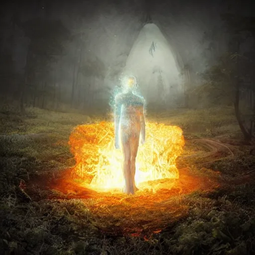 Image similar to Editorial Masterpiece extremely realistic Arcane elemental High Orders Nephilim Virtues figure infused with coalesced crystalline Magical fire by Erik Johansson, perfect light