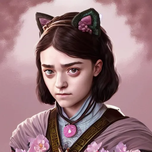 Image similar to portrait of an Arya Stark Hello Kitty hybrid, D&D, fantasy, intricate, elegant, highly detailed, digital painting, artstation, concept art, smooth, sharp focus, illustration, art by artgerm and greg rutkowski and alphonse mucha