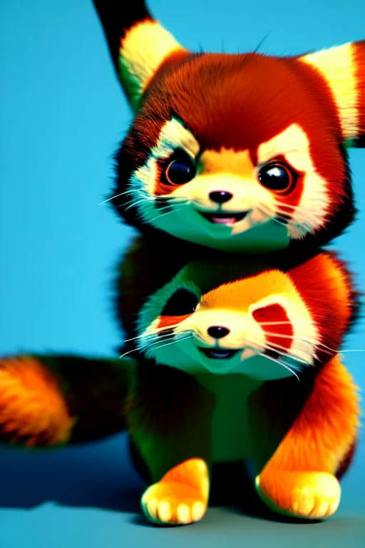 Image similar to high quality 3 d render close - up of very cute red panda & cat hybrid, vray, detective pikachu, very dramatic light, low angle uhd 8 k, shallow depth or field