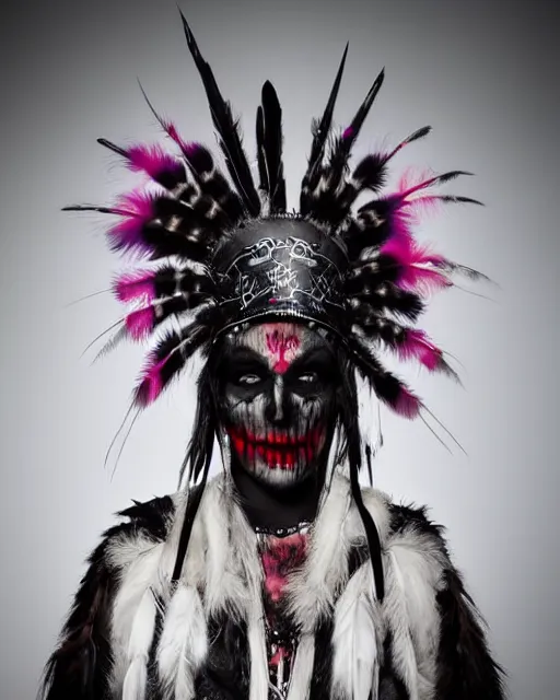 Image similar to the ghost - spirit of the grim - warpaint wears the scarlet skull armor and native blood headdress feathers, midnight fog - mist!, cinematic lighting, various refining methods, micro macro autofocus, ultra definition, award winning photo