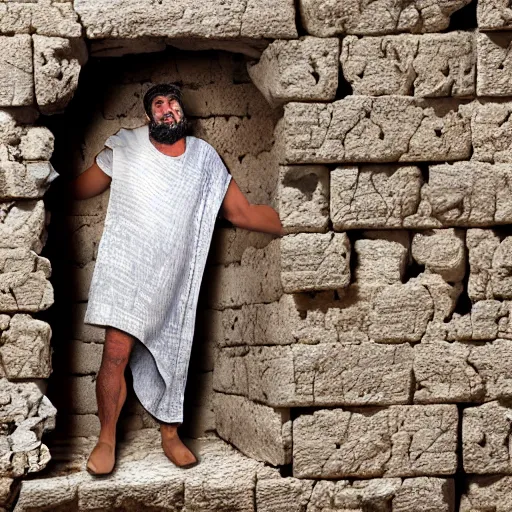 Image similar to 40 year old Mediterranean skinned man in ancient Canaanite clothing building a broken wall in Jerusalem, layered paper illustrated 2022