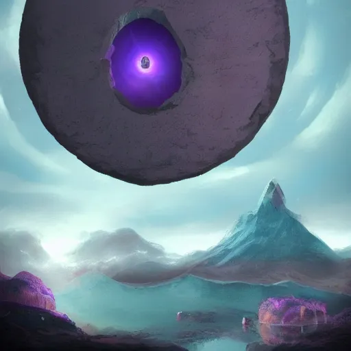 Prompt: a round purple portal floats over a mountain and reflects a dark island, landscape, artstation high fantasy