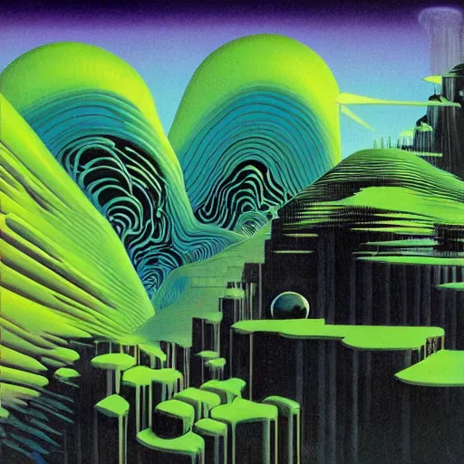 Prompt: moog modular synthesizer, album cover art by Roger Dean