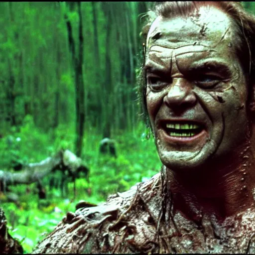 Image similar to cinematic still of jack nicholson, covered in mud and watching a predator in a swamp in 1 9 8 7 movie predator, hd, 4 k