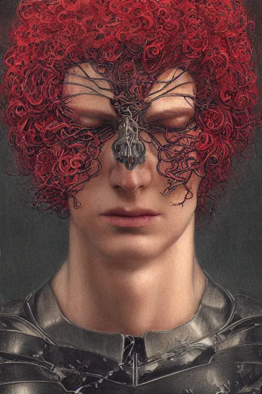 Prompt: portrait of beautiful gothic young man, thunderstorm, cyber armor, a lot of scars, more and more flowers, red head, the middle ages, highly detailed, artstation, illustration, art by jean delville, 8 k quality, art by greg gandy