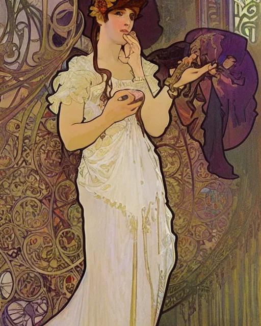 Image similar to painting by alphonse mucha, theater scene with a singer in a white dress, pastel color palette