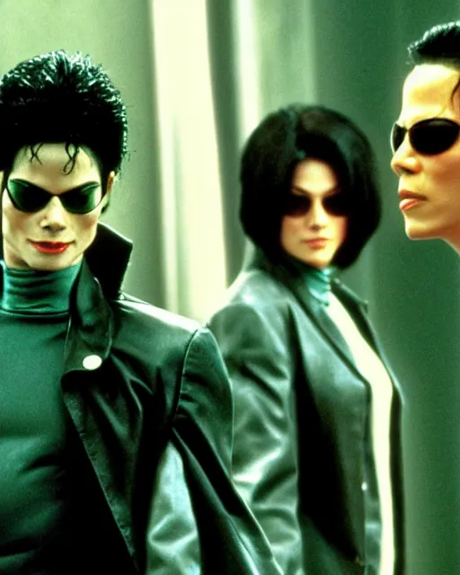 Image similar to a movie still of The Matrix starring Michael Jackson as the Neo, 8k, Technicolor, telephoto lens, medium shot, mid-shot