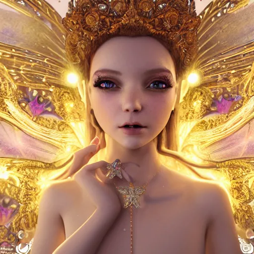 Image similar to portrait of fairy princess, glowing, ornate and intricate jewelry, jaw dropping beauty, glowing background lighting, white accent lighting, hyper detailed, fairy tale, 4 k octane render