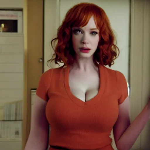 Image similar to a very surprised looking beautiful Christina Hendricks in a miniskirt in the living room, film still from the movie directed by Denis Villeneuve , wide lens