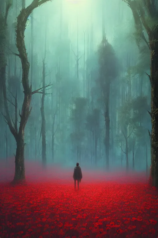 Image similar to VAST FOREST, dreamlike, psychedelic, otherworldly, weird, cyberpunk, vaporware, interesting details, volumetric lighting, dramatic, fantasy, by Moebius, by zdzisław beksiński, ARTGERM, Fantasy LUT, epic composition, 8k, red poppies,