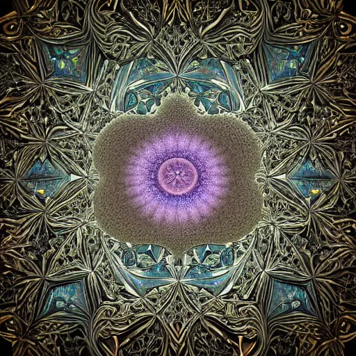 Image similar to a beautiful 3 d render of a sprawling intricate fractal populated by mandelbrot fractals by android jones, unreal engine, octane render, soap carving, volumetric lighting, dynamic lighting, dramatic lighting, high contrast, concept art, carved marble, opalescent, sacred geometry, religious, angelic, magic realism, catholicpunk, stark, trending on artstation