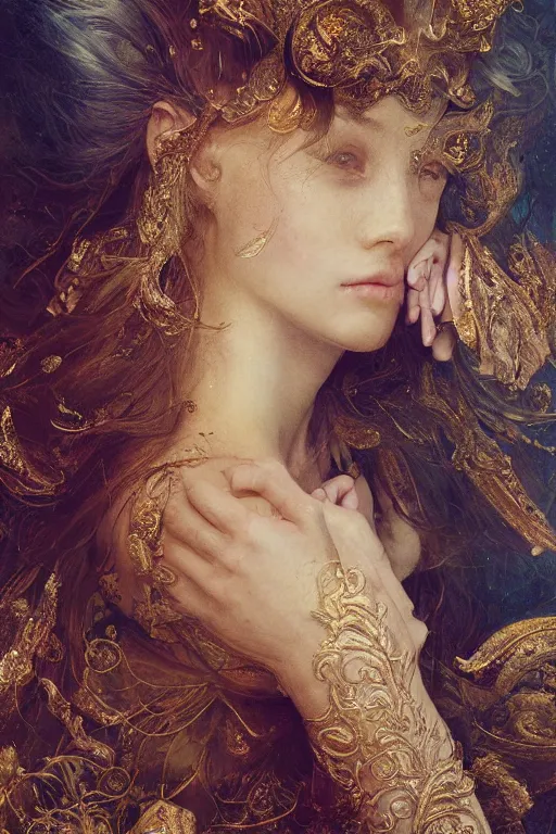 Prompt: portrait of a beautiful 20-year-old woman by Mario Testino, in style of Ruan Jia, insanely detailed and intricate, golden ratio, elegant, ornate, luxury, elite, matte painting, cinematic, cgsociety, James jean, Brian froud, ross tran, Laputa