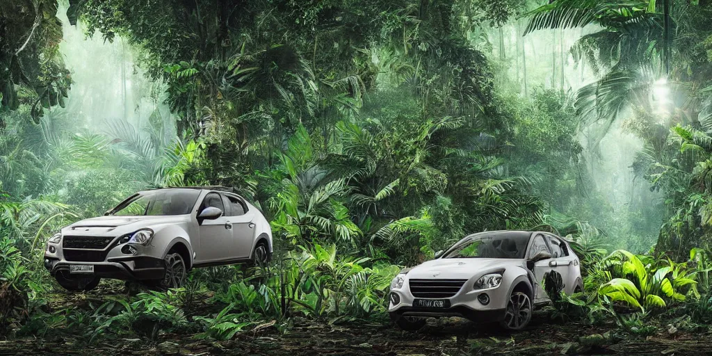 Image similar to Amazonian jungle with tropical plants and leaves falling from tree and a Cupra car placed in the center of the frame , unreal 5, hyperrealistic, realistic, photorealistic, dynamic lighting, highly detailed, cinematic landscape, studio landscape, studio lighting