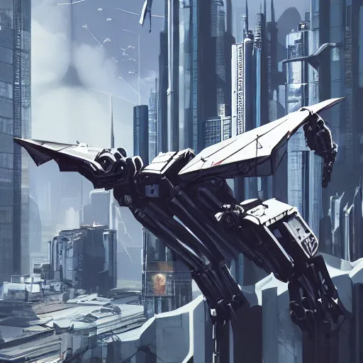 Prompt: photorealistic, long shot, robot mecha pterodactyl flying over a city, cyberpunk, daylight