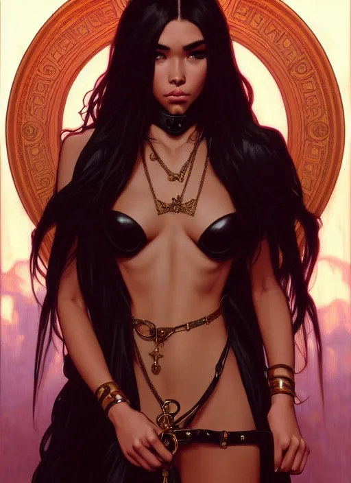 Image similar to portrait of madison beer as a sultry domina, collar and leash, leather, greek, intricate, headshot, madison beer face, highly detailed, digital painting, artstation, concept art, sharp focus, cinematic lighting, illustration, art by artgerm and greg rutkowski, alphonse mucha, cgsociety