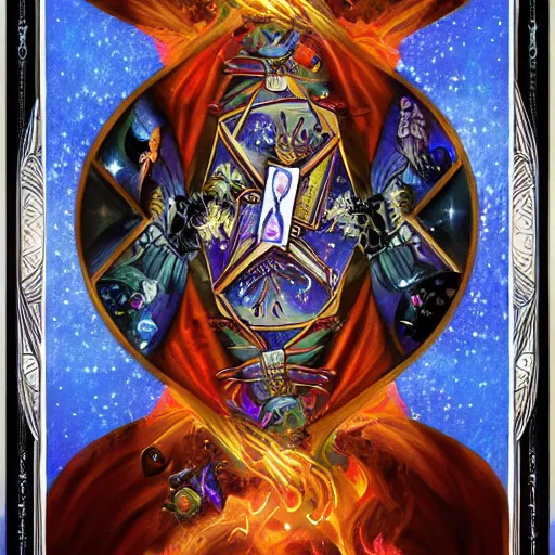 Image similar to digital tarot card painting of a powerful warlock, hyperdetailed, vivid colors, beautiful, magic spell, trending on Artstation