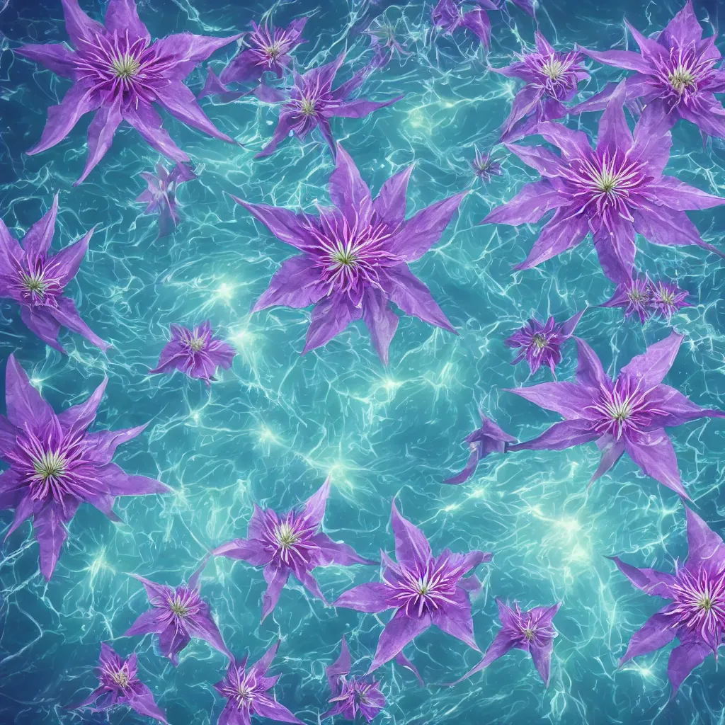 Image similar to clematis theme logo, clematis theme banner, clematis design, clematis in the deep sea, clematis like stars in the sky, trending on artstation, warm light, lovely and cute, fantasy art, 8 k resolution, highly detailed, pattern with optical illusion