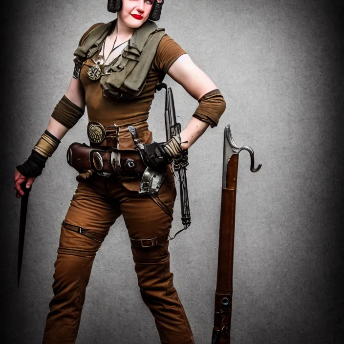 Image similar to full length photo of a very beautiful female slim dieselpunk warrior, 8 k, hdr, smooth, sharp focus, high resolution, award - winning photo