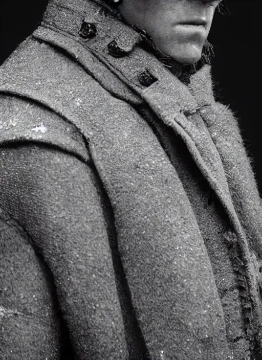 Image similar to portrait of a victorian man wearing a winter coat, military, highly detailed, fantasy, cinematic lighting, close up, realistic, photograph by elliott & fry