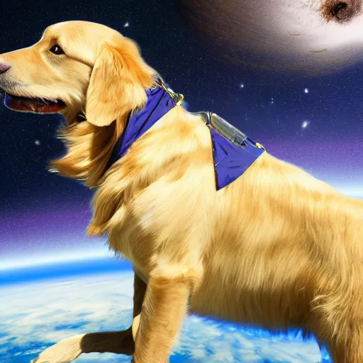 Prompt: a golden retriever in space wearing cape, 4k