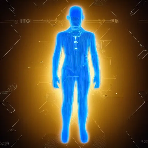 Prompt: detailed blueprint of a human on a hologram, sci-fi, futuristic, cgi