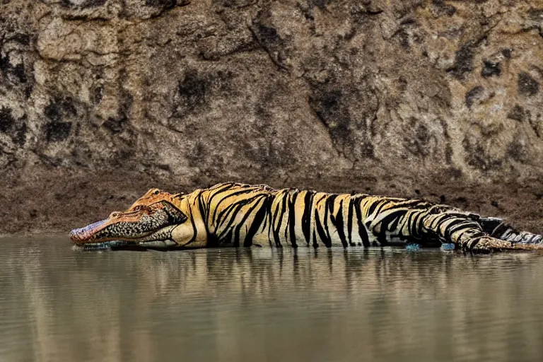 Image similar to an alligator tiger!!! hybrid! hyper realistic!! realistic lighting!! wildlife photographer of the year!!! bold natural colors, national geographic, hd, wide angle, 8 k