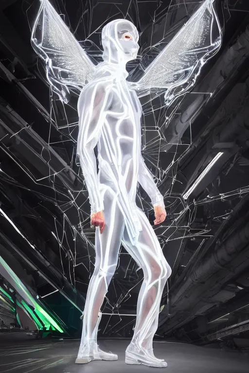 Prompt: full-body baroque and cyberpunk style neon statue of a attractive muscular translucent Joe Jonas as a humanoid deity wearing a thin see-through plastic hooded cloak sim roupa, posing like a superhero, glowing white face, crown of white lasers, large diamonds, swirling white silk fabric. futuristic elements. oozing glowing liquid, full-length view. space robots. human skulls. throne made of bones, intricate artwork by caravaggio. Trending on artstation, octane render, cinematic lighting from the right, hyper realism, octane render, 8k, depth of field, 3D