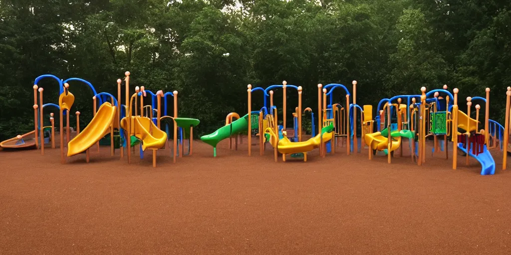 Prompt: a dimly lit children's playground photo taken with a deposable camera limital space