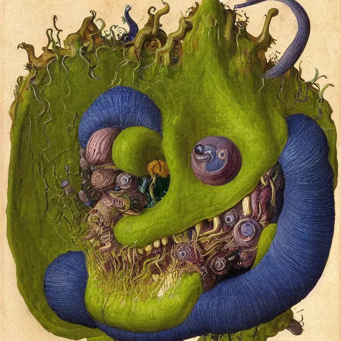 Prompt: close up portrait of a mutant monster creature with face in the shape of a colorful exotic dark blue carnivorous plant, snail - like protruding eyes. by jan van eyck, audubon
