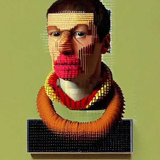 Image similar to portrait photo of a man with Iroquois made from video card parts pixels and voxels and computers, Perfect face, extremely high details, realistic, by Giuseppe Arcimboldo, Edward Hopper, Rene Margitte