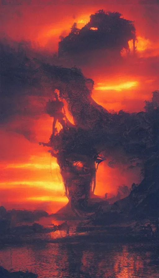 Image similar to donald trump's face close up on the apocalypse now poster, red sunset, snake river in the jungle, air brush, oil paint, radiant light, caustics, heroic, bright iridescent light, by gaston bussiere, bayard wu, greg rutkowski, maxim verehin