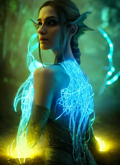 Image similar to high fantasy and sci - fi elvish rogue wearing a bioluminescent vine dress, surrounded by elvish glowing runes cinematic shot in the style of final fantasy, cinematic lighting, hyperdetailed, 8 k realistic, global illumination, mysterious light, dof, trending on artstation, digital art