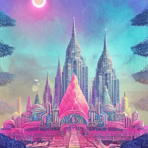 Prompt: mystical realistic poster with shaded lighting by arjun brooklyn radiant light, detailed and complex environment, solace, beautiful, utopic astral city in the sky with many buildings and temples reflecting an modern city on the ground with old growth pine trees, overlaid sacred geometry, with implied lines, gradient of hot pink and neon baby blue