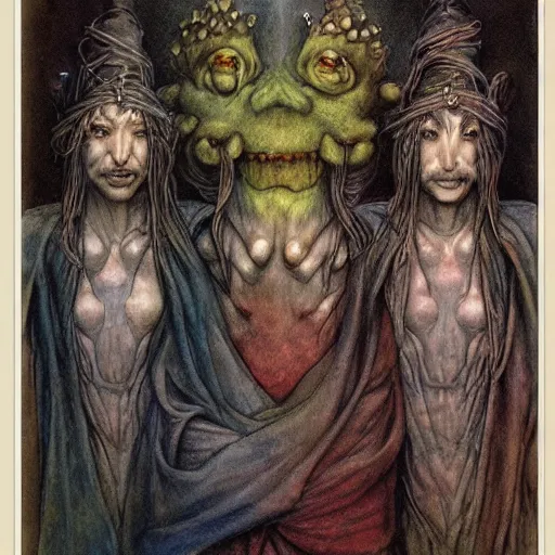 Prompt: brian froud - three headed man fantasy illustration