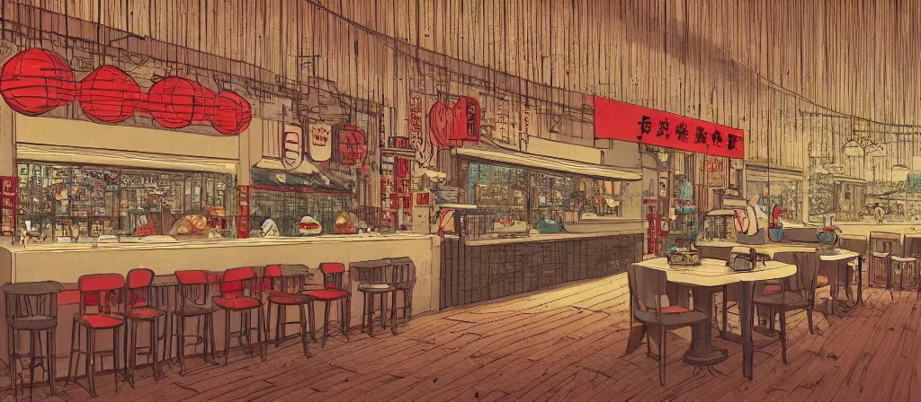 Image similar to a beautiful simple 4 k hd wallpaper illustration of interior view display of the corner of roasted string hotpot shop, simple style, from china, with merchant logo, simple structure, surrealistic, chinese style, victo ngai, james jean, denoise, deblurring