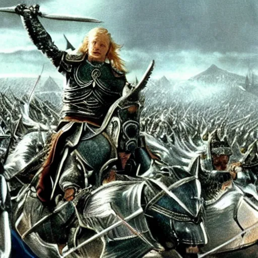 Prompt: the rohirrim riding into battle at minas tirith