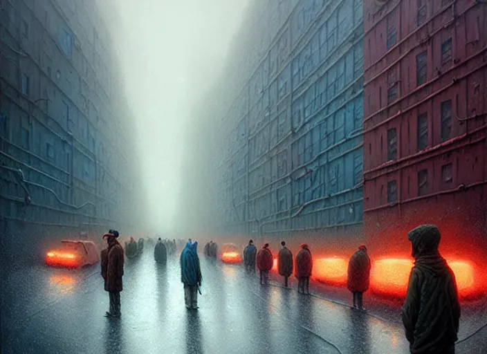 Image similar to waiting in line for cold soup by simon stalenhag and tom bagshaw marc simonetti and quint buchholz, slums, highly detailed, hyperrealism, dreary, cold, cloudy, grey, smog, high contrast, solarpunk