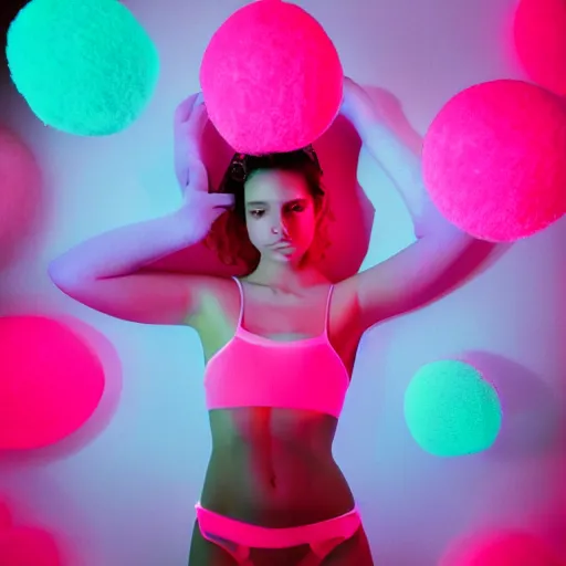 Prompt: portrait of a cute girl body with neon light and soft pink and orange cotton fluffy balls floating in image, fashion photography, highly detailed, digital photography by jheronimus bosch and james jean and james rutkowski