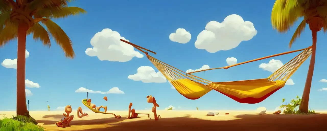 Image similar to goro fujita ilustration of a summer beach with palm tree and clouds and a hammock, painting by goro fujita, sharp focus, highly detailed, artstation