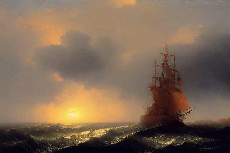 Image similar to Ghost ship in the stormy sea, sunset, by Aivazovsky, trending on artstation, sunset, 8k, sharp high quality,