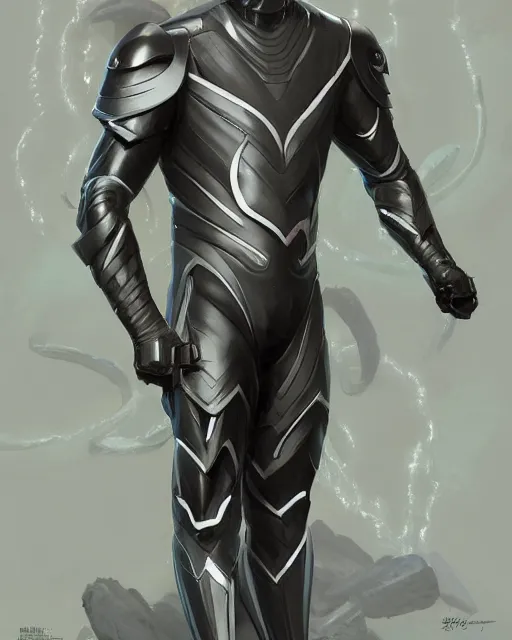 Image similar to wiry muscular male smooth sleek black pearlescent scifi armor, by greg rutkowski and mark brookes and jim burns and tom bagshaw and magali villeneuve, trending on artstation